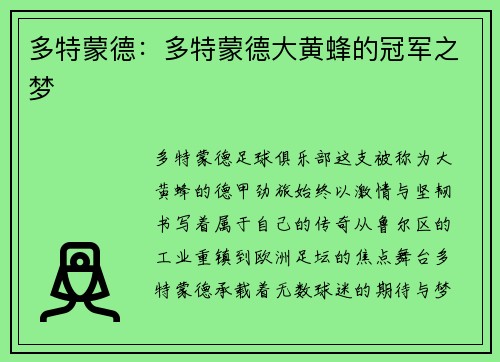多特蒙德：多特蒙德大黄蜂的冠军之梦