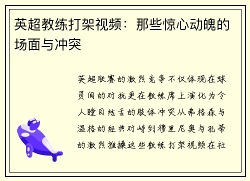 英超教练打架视频：那些惊心动魄的场面与冲突